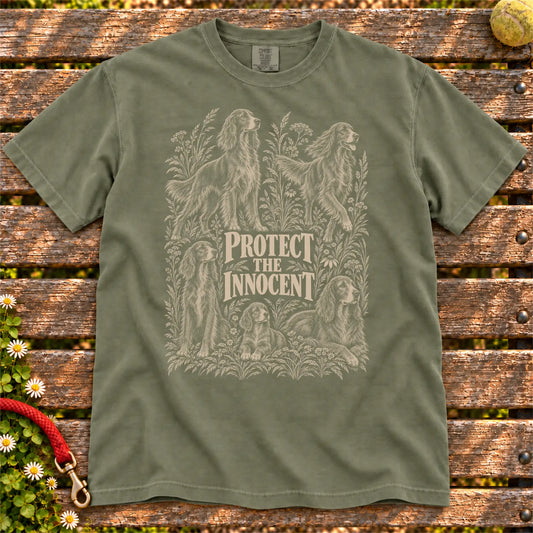 Protect the Innocent Irish Setter design on a Moss T-shirt