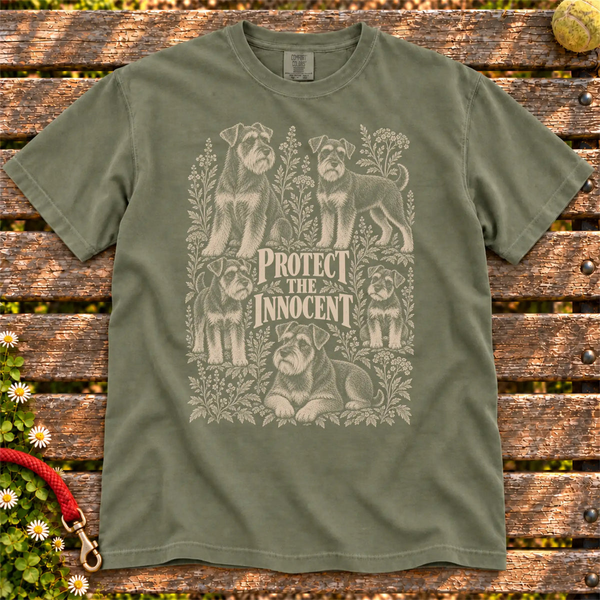 Protect the Innocent Schnauzer design on a Moss T-shirt