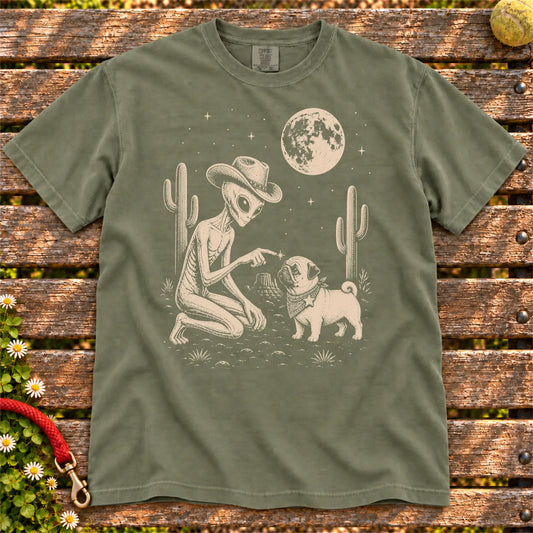 Pug Cowboy and Alien on a Moss T-shirt, shown flat