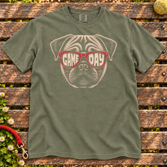 Pug Game Day design on a Moss Comfort Colors T-shirt, shown flat