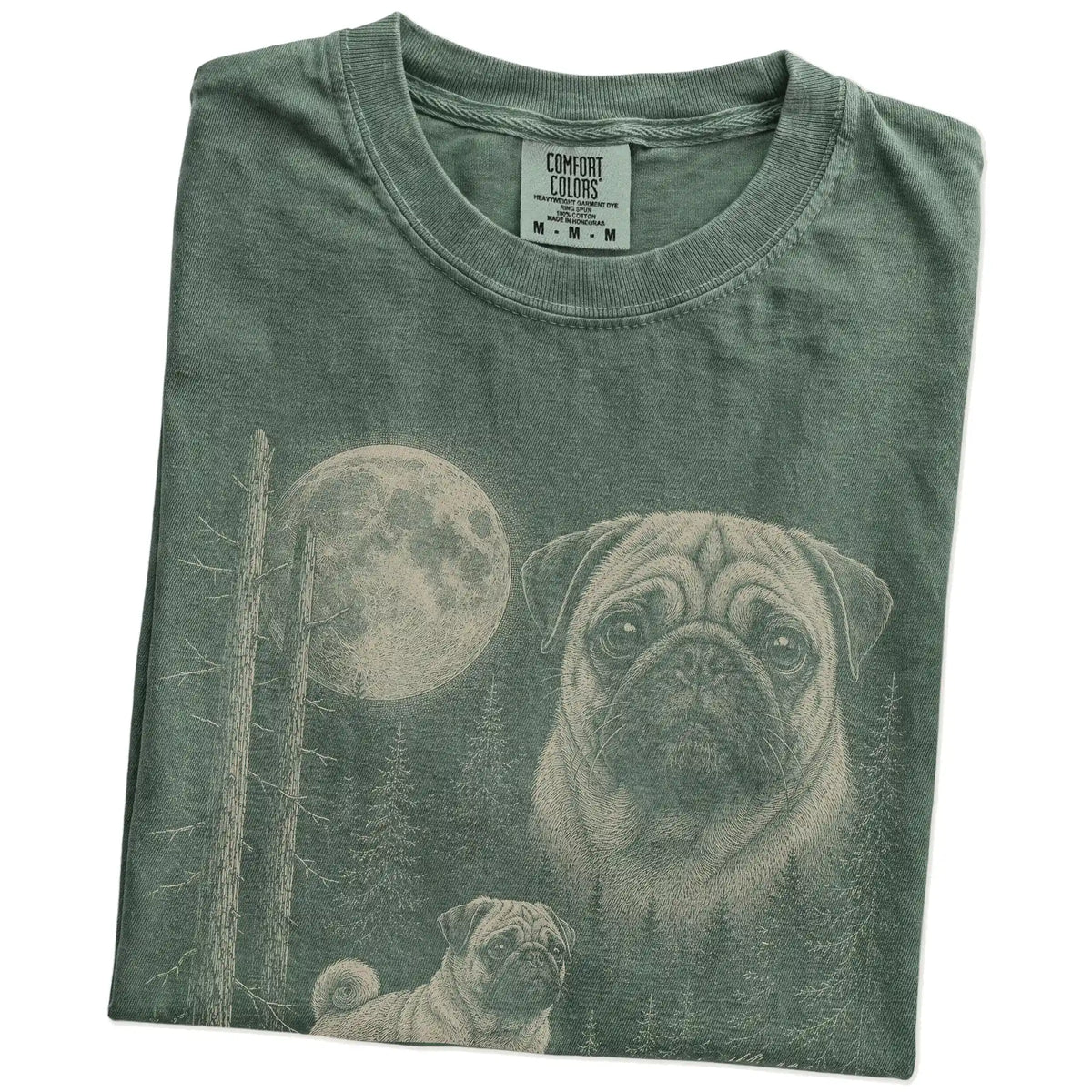 Folded Moss Pug Moonlit Forest T-Shirt showing the graphic