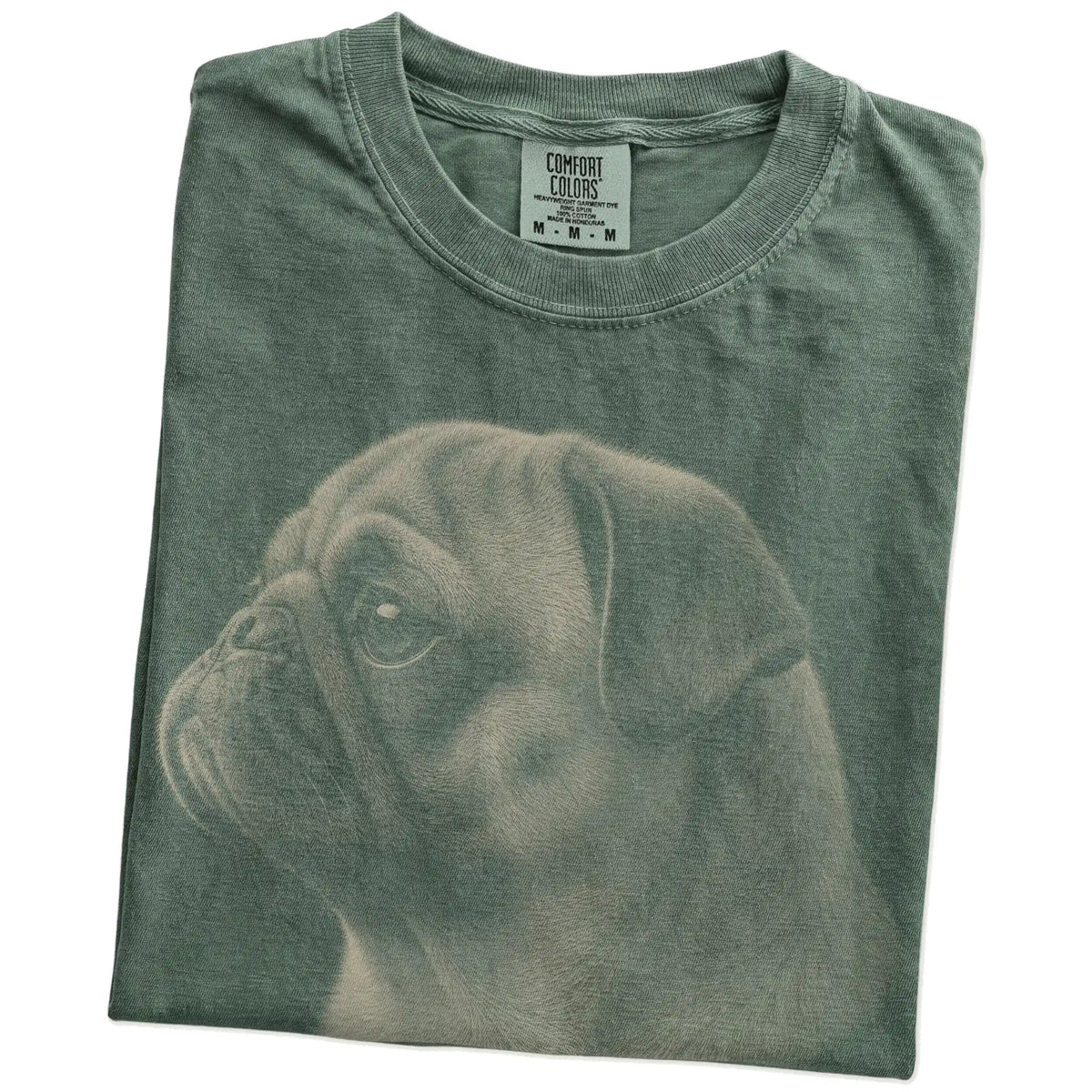 Folded Moss Comfort Colors® T-shirt showing a detailed photographic portrait of a Pug