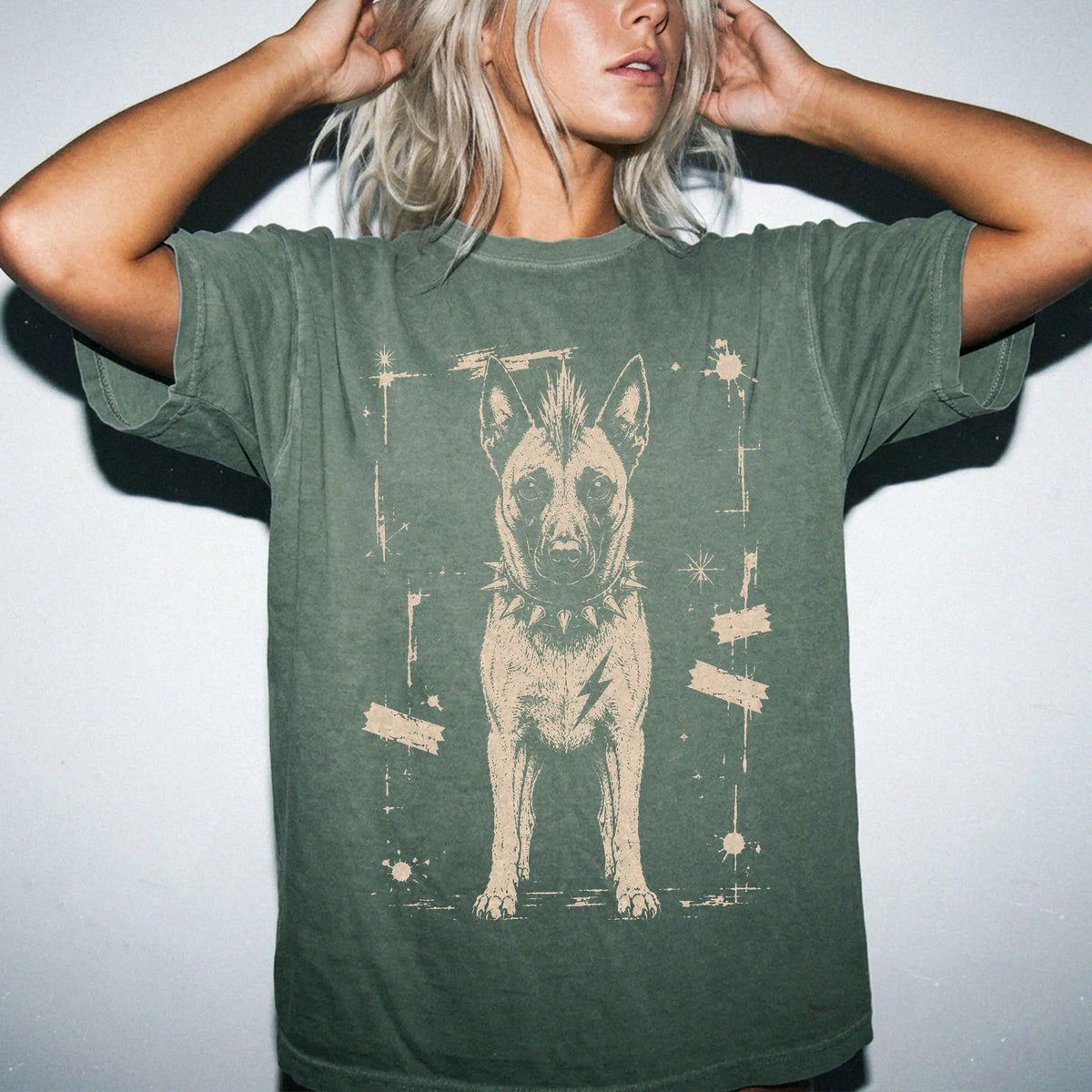 Woman wearing a Moss Punk Rock Belgian Malinois T-Shirt