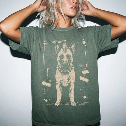Woman wearing a Moss Punk Rock Belgian Malinois T-Shirt