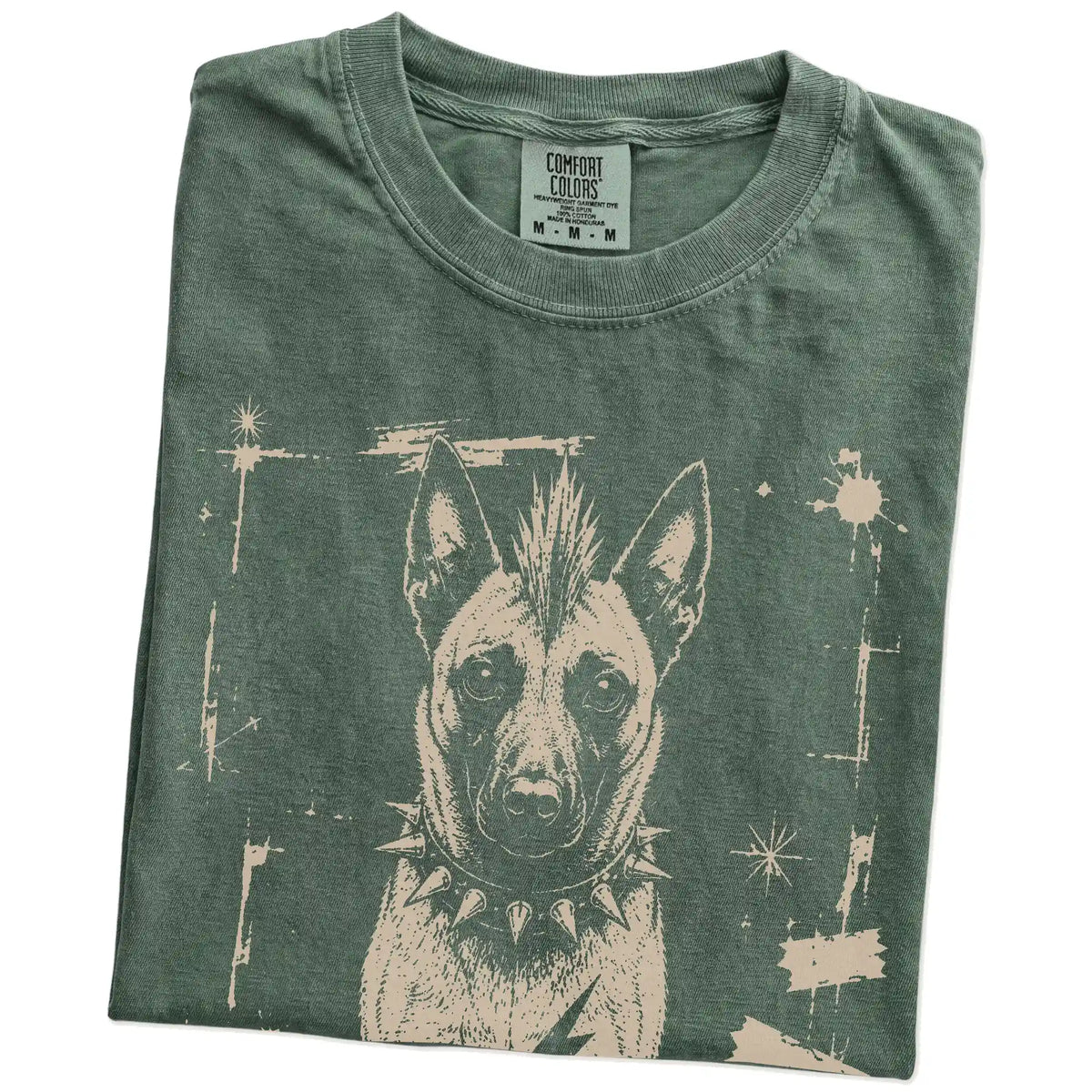 Folded Moss Punk Rock Belgian Malinois T-Shirt showing the graphic