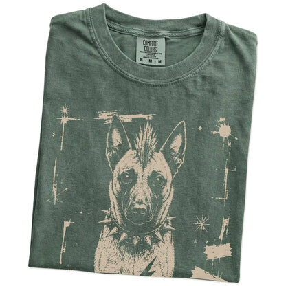Folded Moss Punk Rock Belgian Malinois T-Shirt showing the graphic