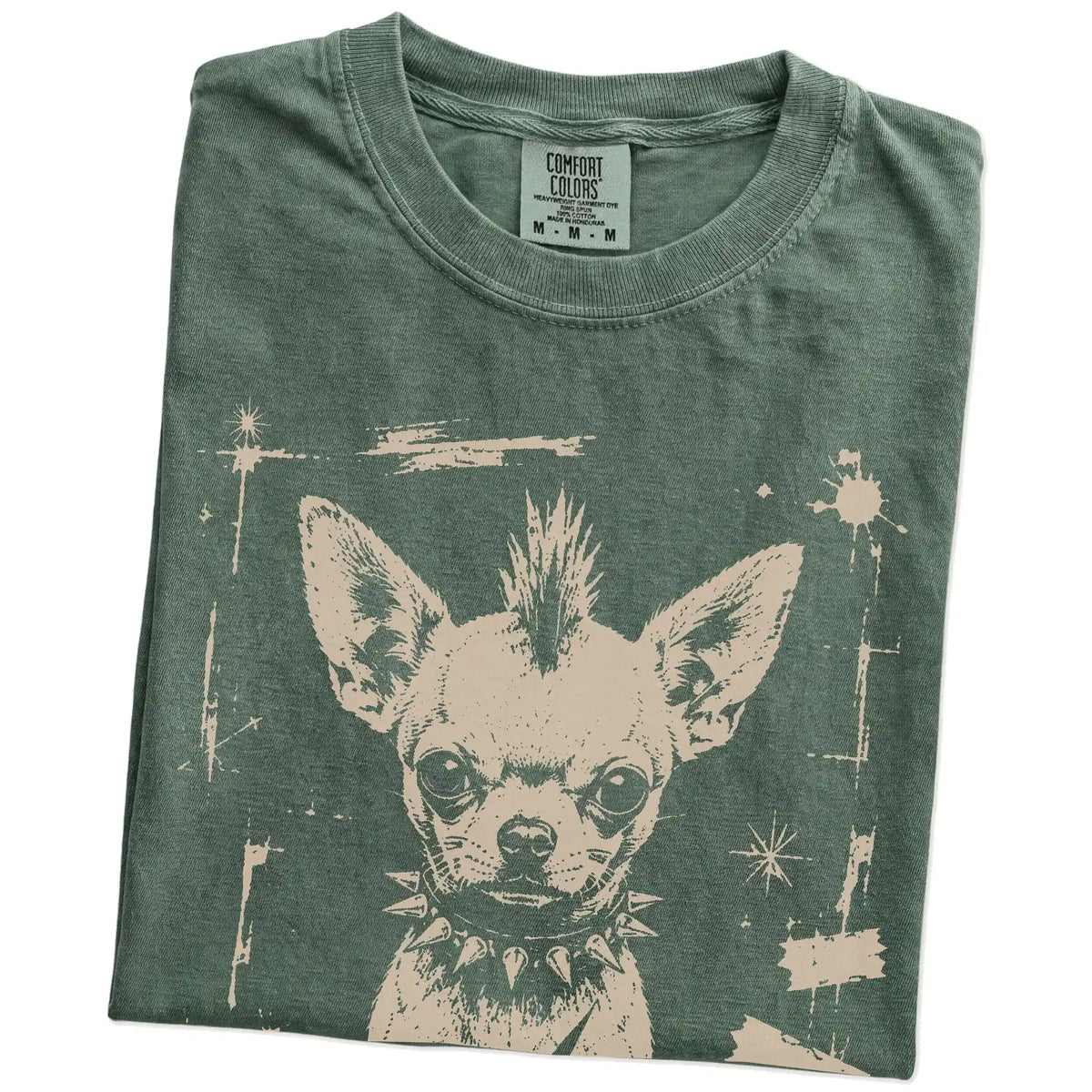 Folded Moss Punk Rock Chihuahua T-Shirt showing the graphic