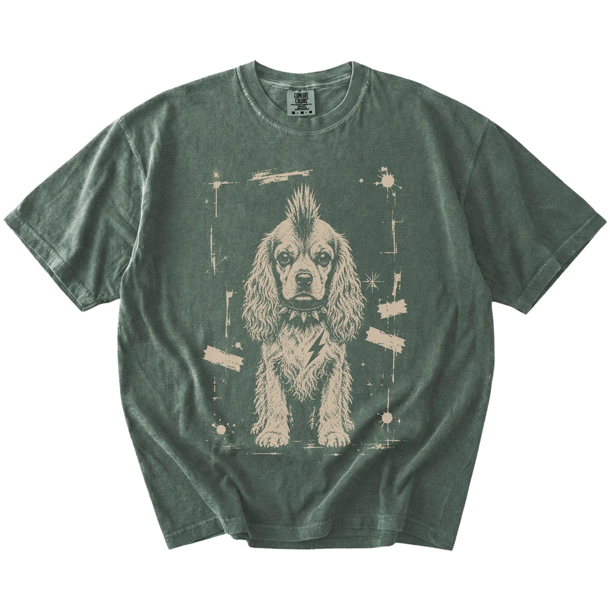 Moss Punk Rock Cocker Spaniel T-Shirt laid flat
