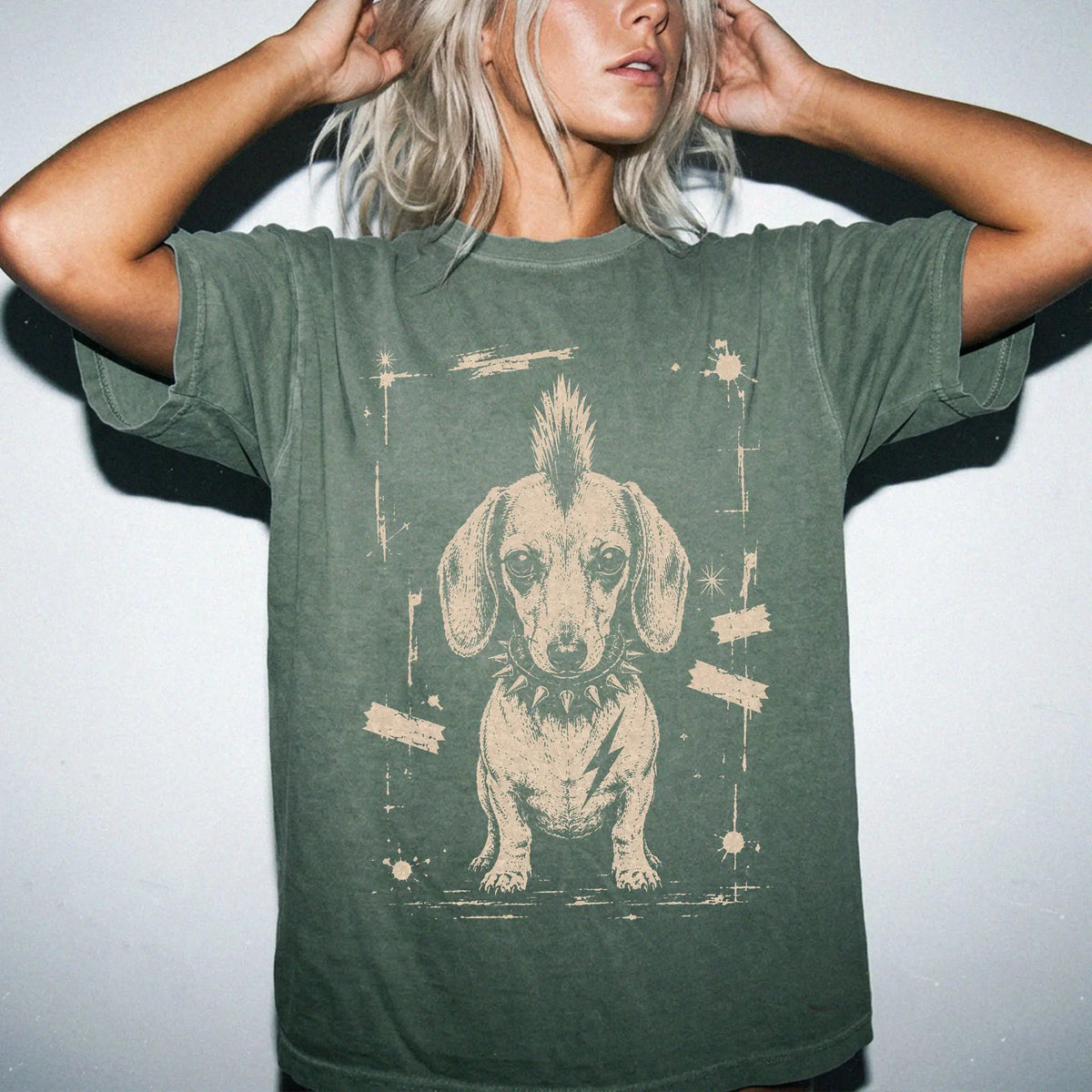 Woman wearing a Moss Punk Rock Dachshund T-Shirt