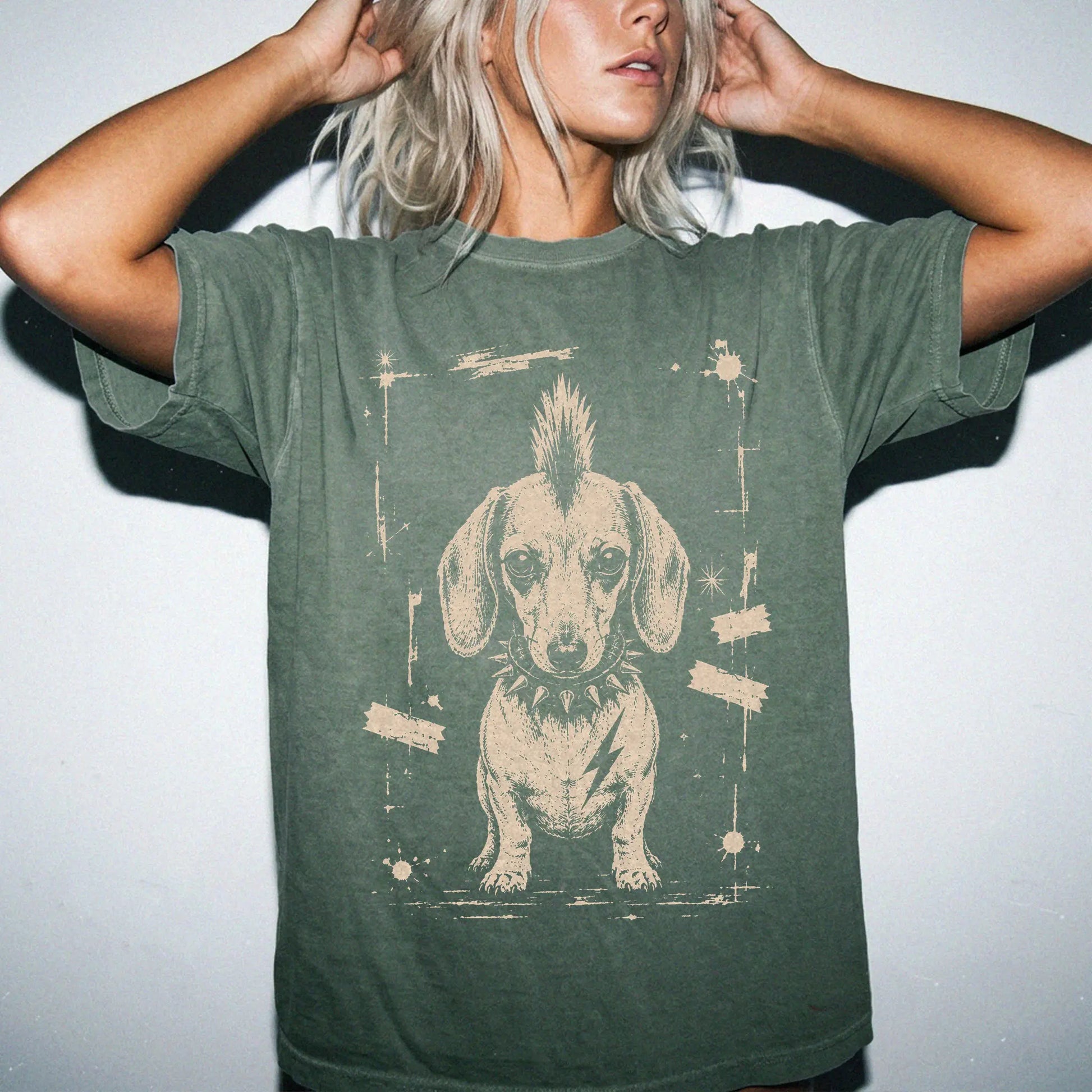 Woman wearing a Moss Punk Rock Dachshund T-Shirt