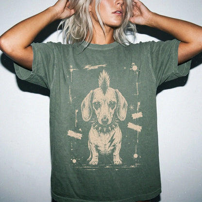 Woman wearing a Moss Punk Rock Dachshund T-Shirt
