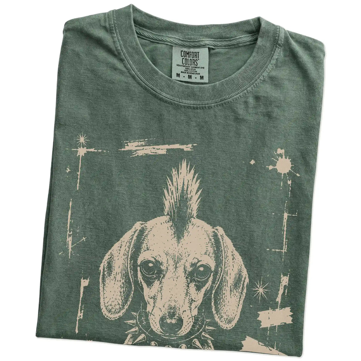 Folded Moss Punk Rock Dachshund T-Shirt showing the graphic
