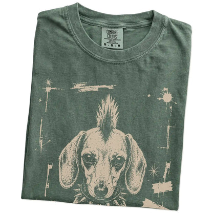 Folded Moss Punk Rock Dachshund T-Shirt showing the graphic