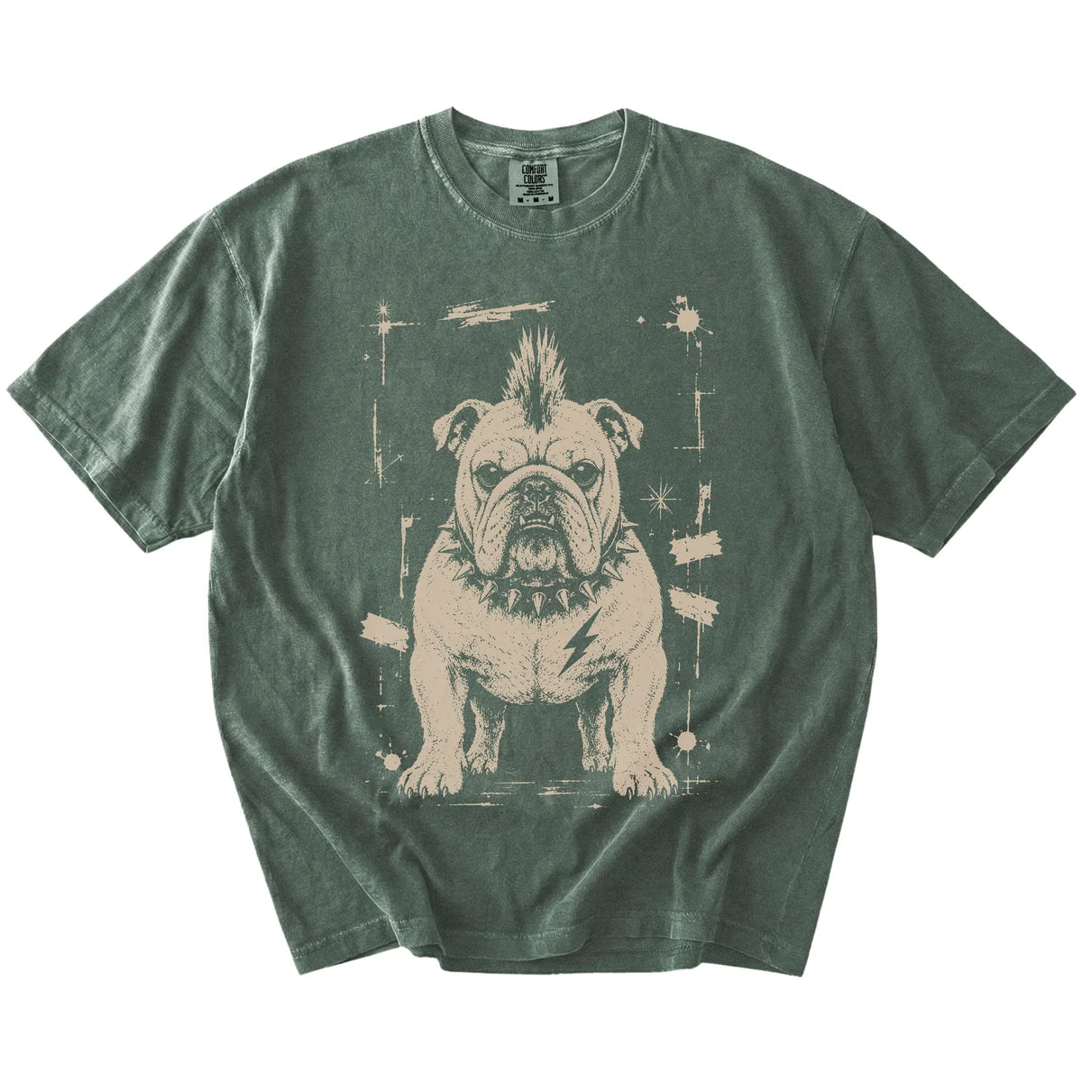 Moss Punk Rock English Bulldog T-Shirt laid flat