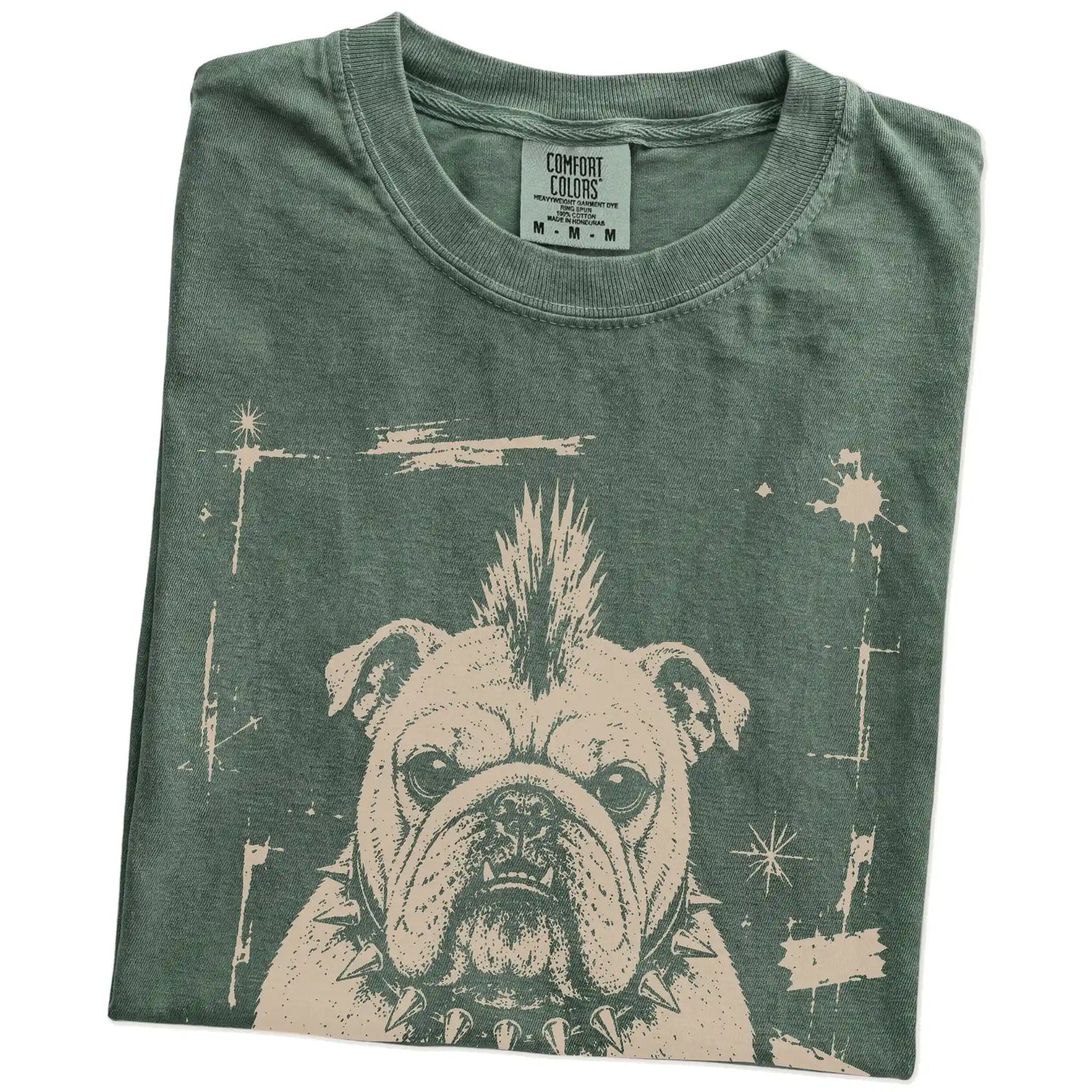 Folded Moss Punk Rock English Bulldog T-Shirt showing the graphic