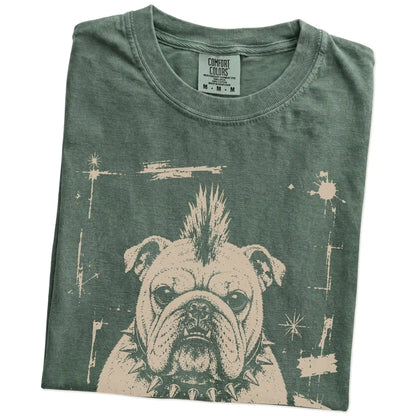 Folded Moss Punk Rock English Bulldog T-Shirt showing the graphic