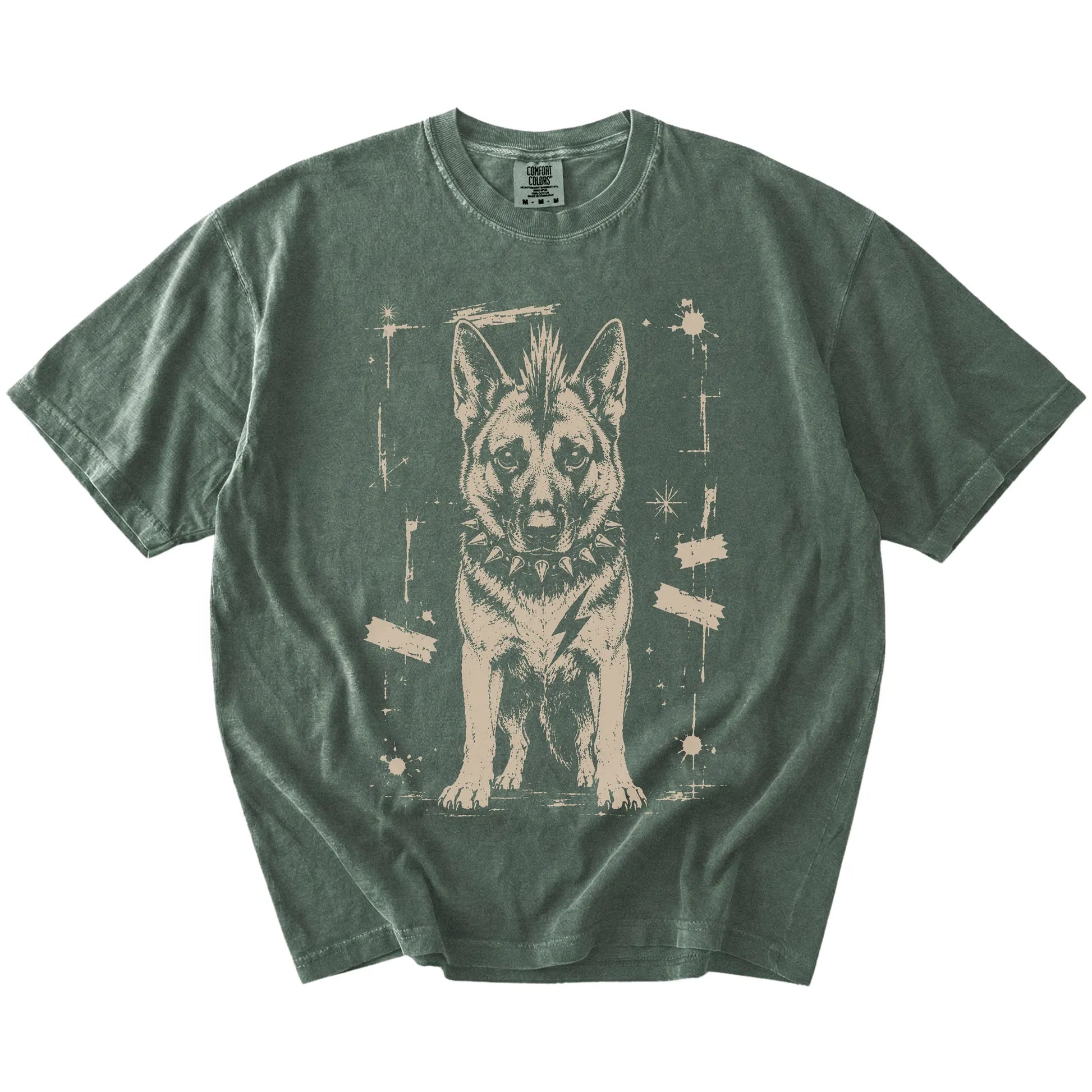Moss Punk Rock German Shepherd T-Shirt laid flat