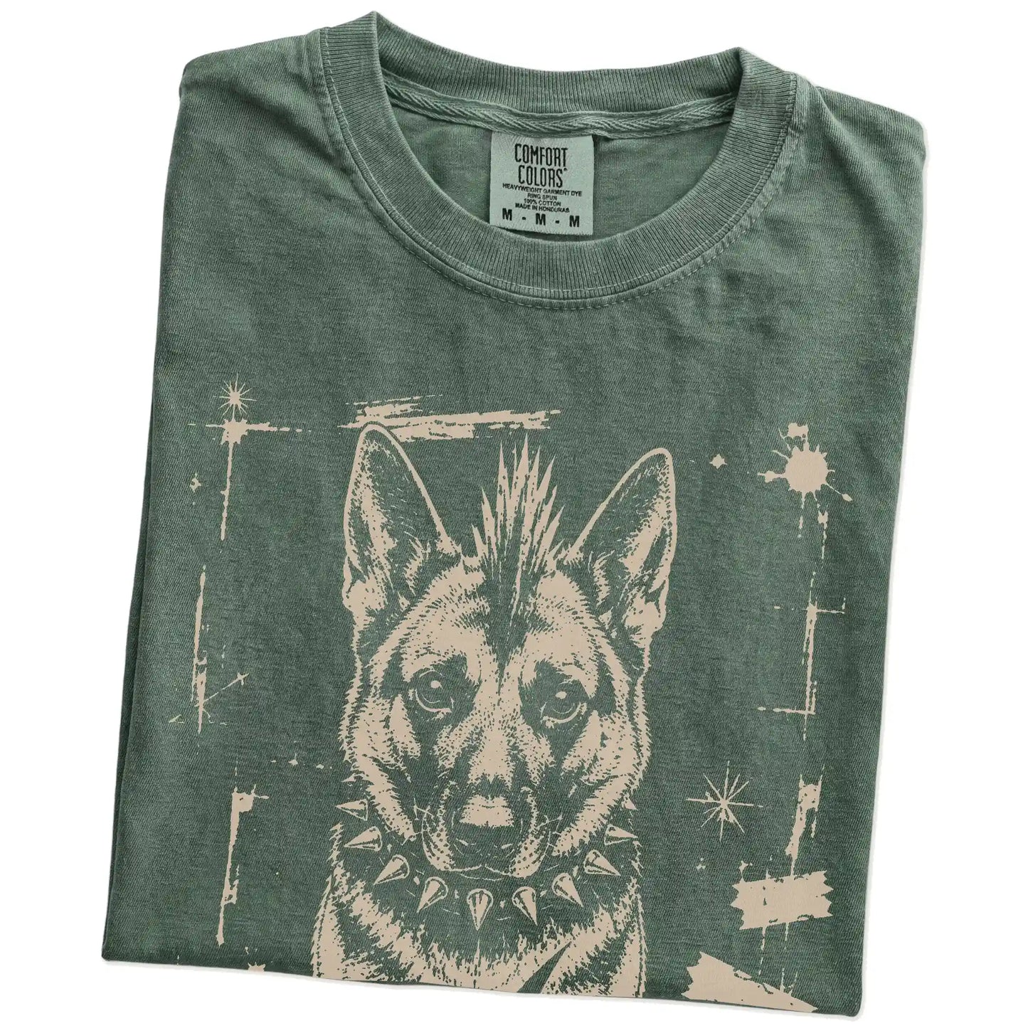 Folded Moss Punk Rock German Shepherd T-Shirt showing the graphic