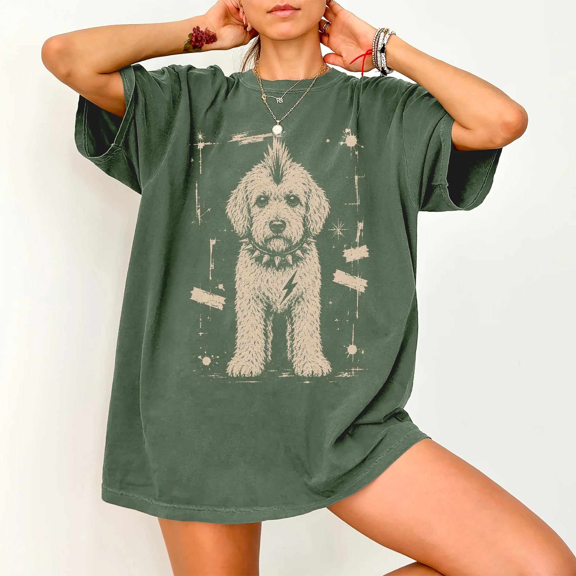 Woman wearing a Moss Punk Rock Goldendoodle T-Shirt