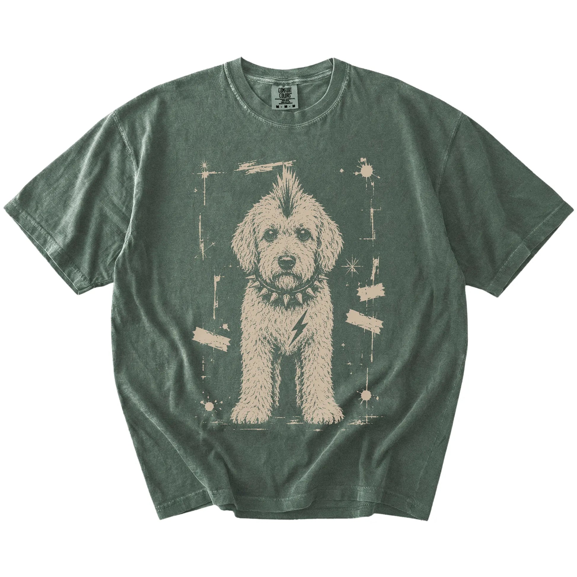 Moss Punk Rock Goldendoodle T-Shirt laid flat
