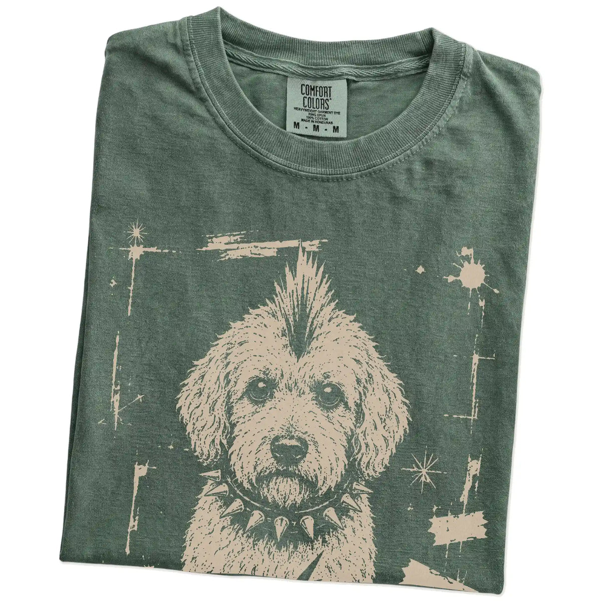 Folded Moss Punk Rock Goldendoodle T-Shirt showing the graphic