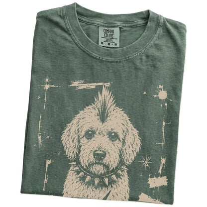 Folded Moss Punk Rock Goldendoodle T-Shirt showing the graphic
