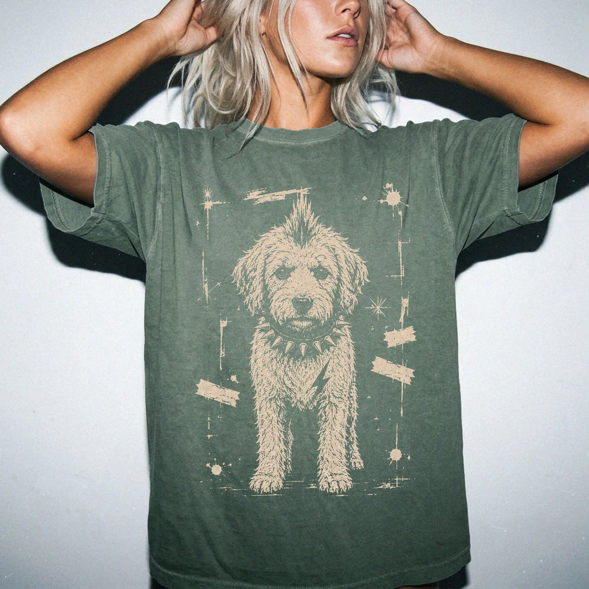 Woman wearing a Moss Punk Rock Labradoodle T-Shirt