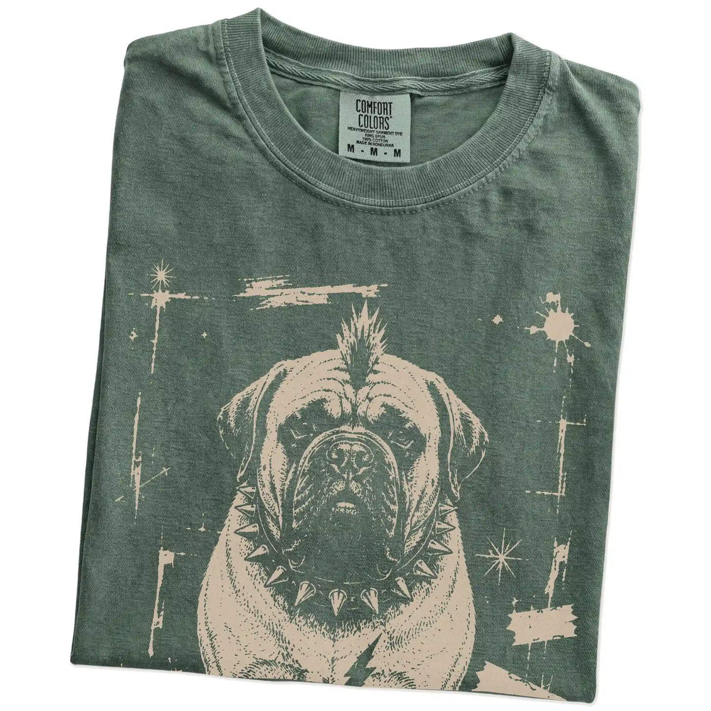 Folded Moss Punk Rock Mastiff T-Shirt showing the graphic