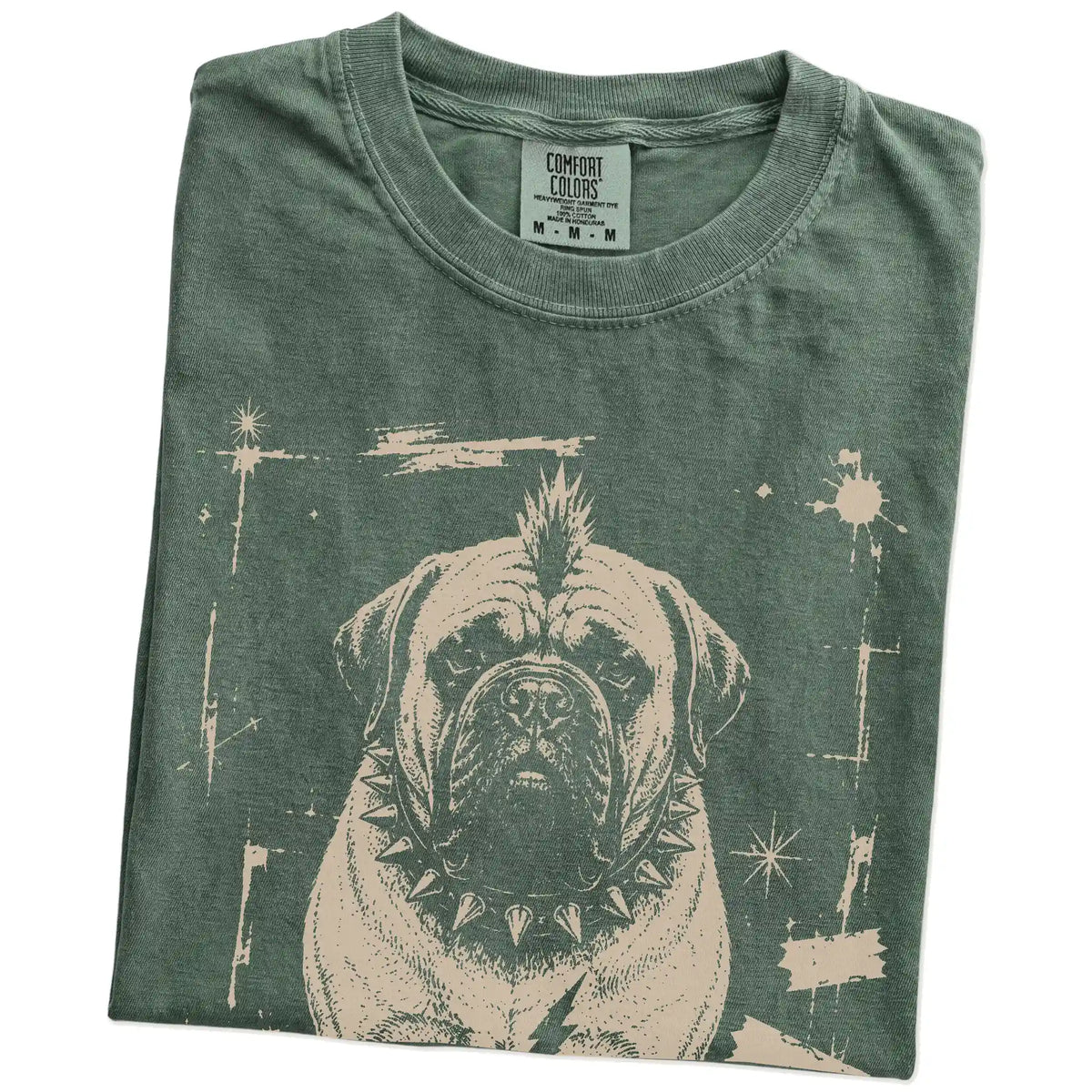 Folded Moss Punk Rock Mastiff T-Shirt showing the graphic