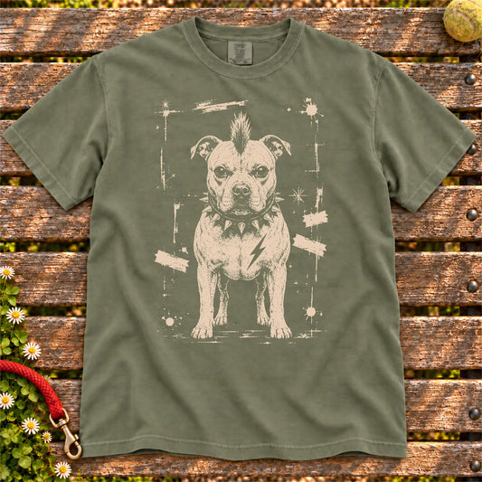 Pitbull Punk Rock design on a Moss T-shirt shown flat