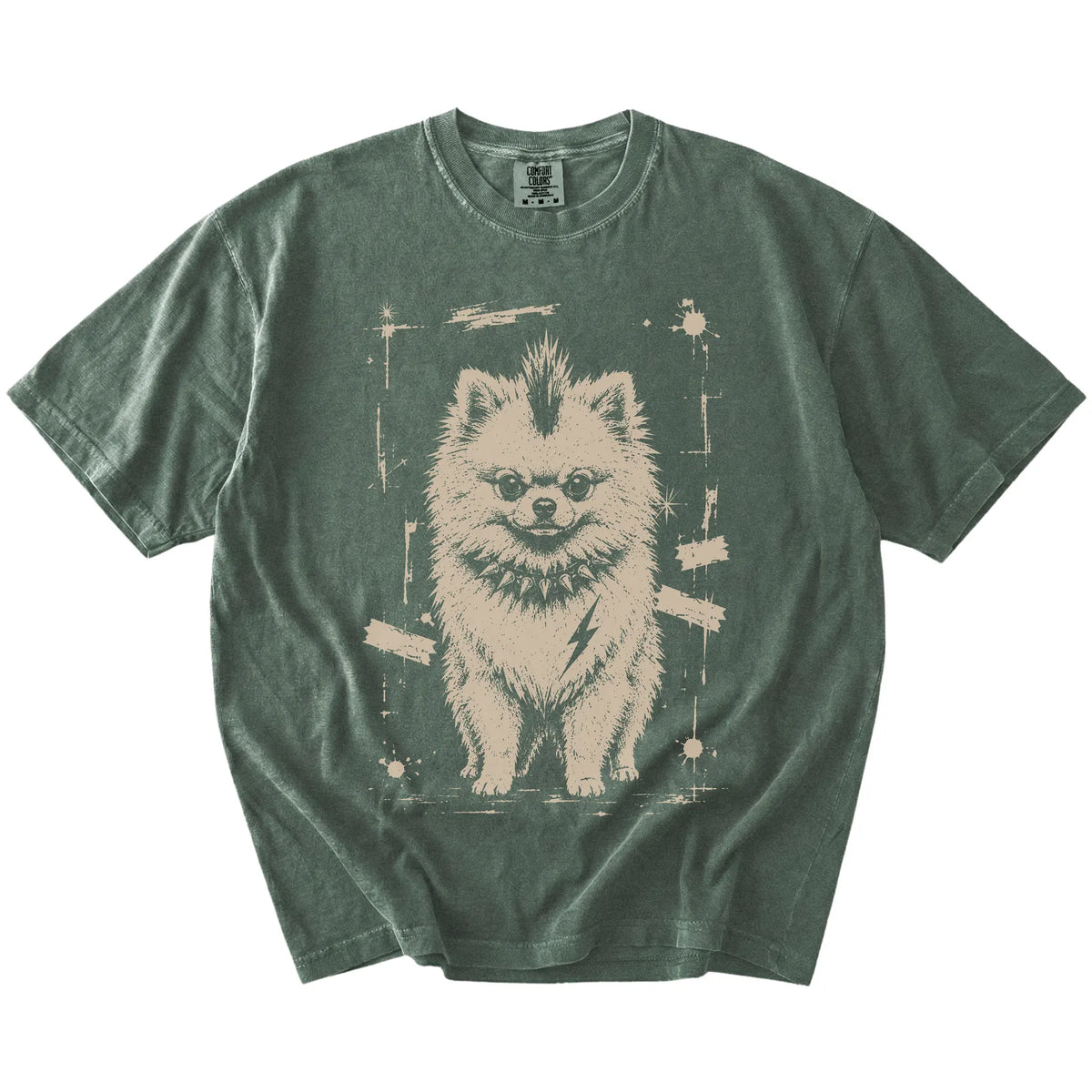 Moss Punk Rock Pomeranian T-Shirt laid flat