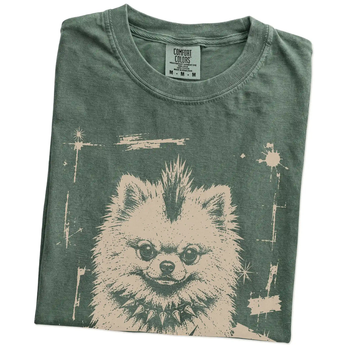 Folded Moss Punk Rock Pomeranian T-Shirt showing the graphic