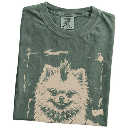 Folded Moss Punk Rock Pomeranian T-Shirt showing the graphic