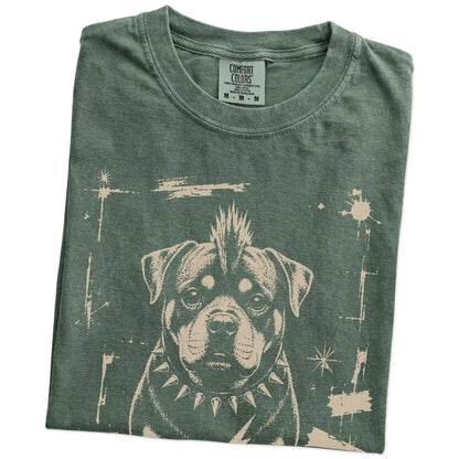 Folded Moss Punk Rock Rottweiler T-Shirt showing the graphic