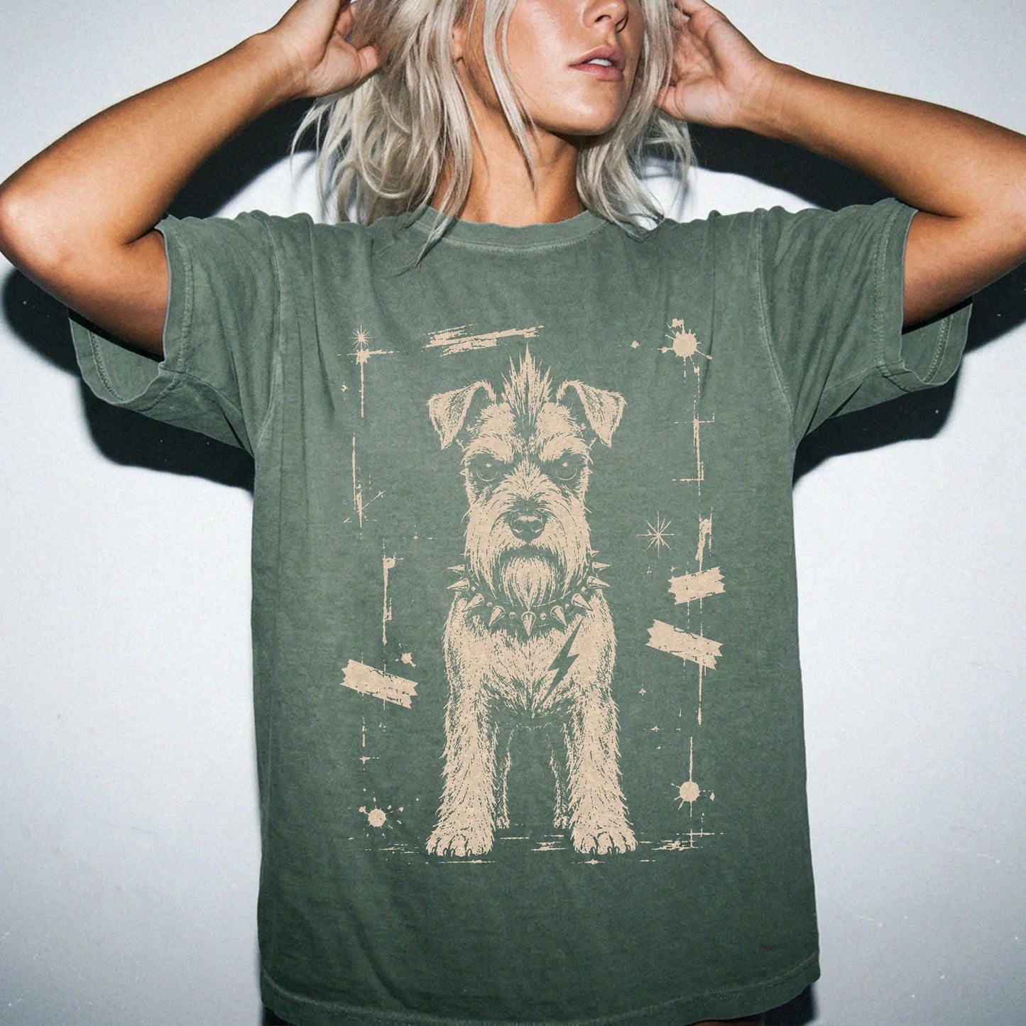 Woman wearing a Moss Punk Rock Schnauzer T-Shirt