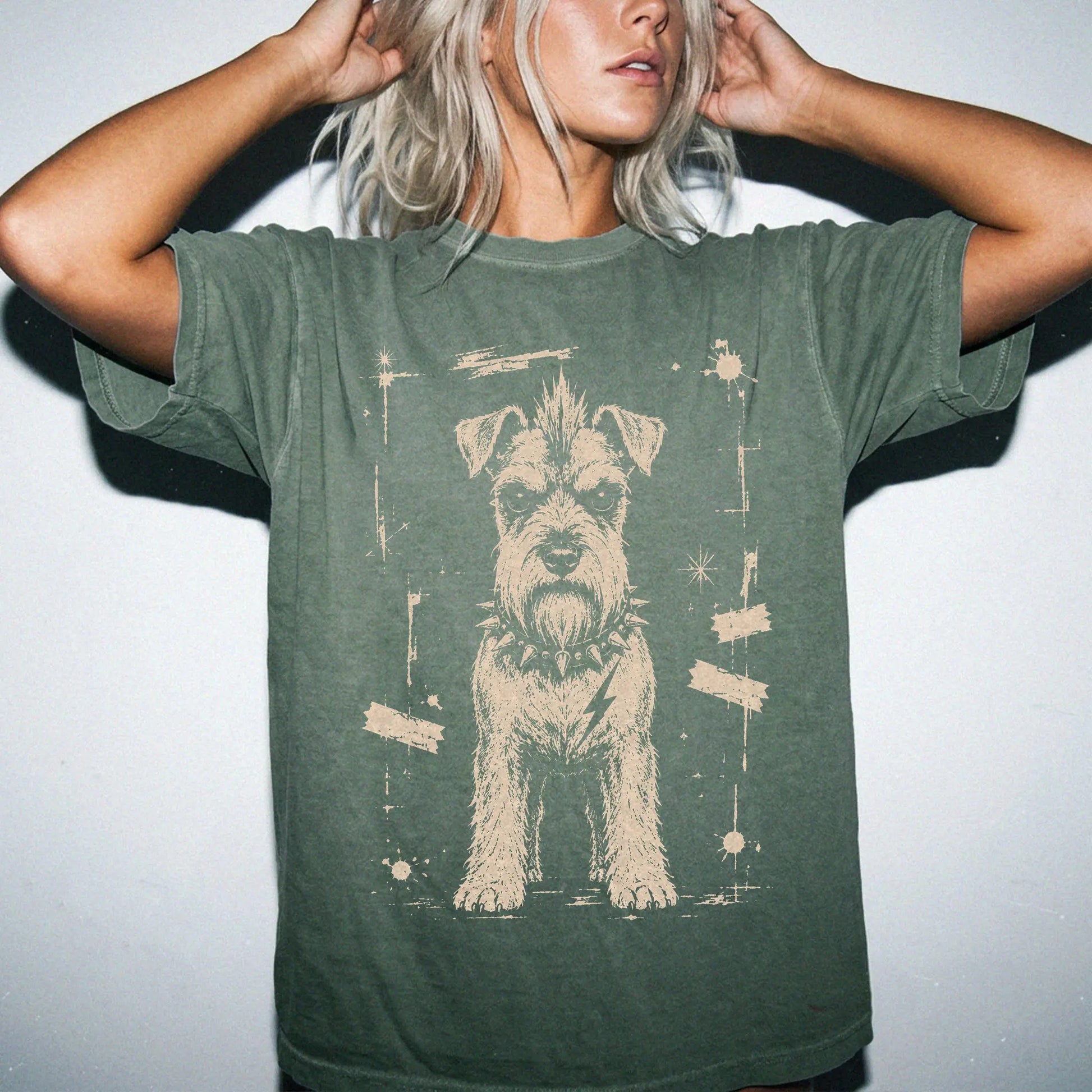 Woman wearing a Moss Punk Rock Schnauzer T-Shirt