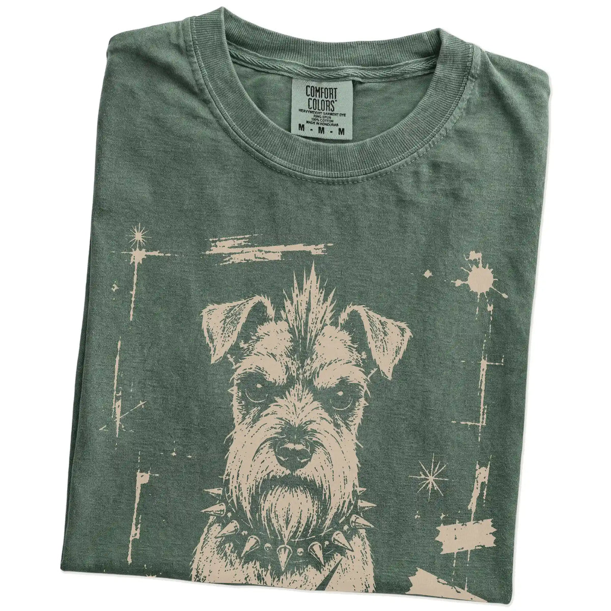 Folded Moss Punk Rock Schnauzer T-Shirt showing the graphic
