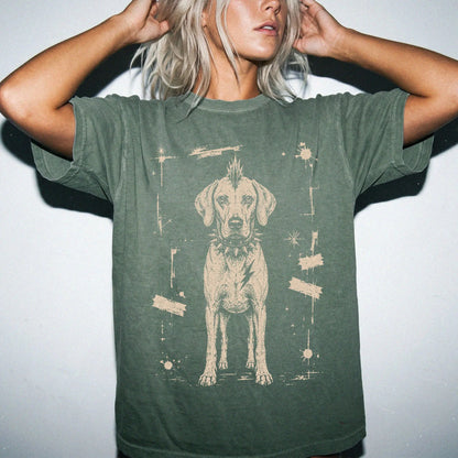 Woman wearing a Moss Punk Rock Vizsla T-Shirt