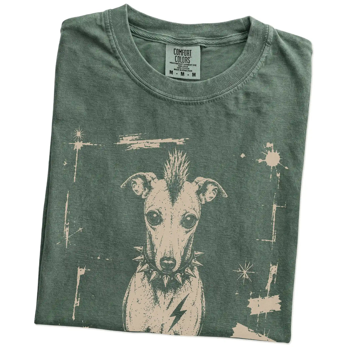 Folded Moss Punk Rock Whippet T-Shirt showing the graphic