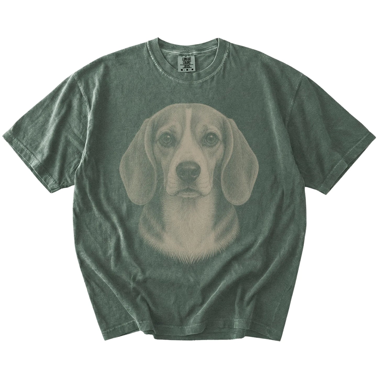 A realistic drawing of a Beagle on a Moss Comfort Colors® T-shirt