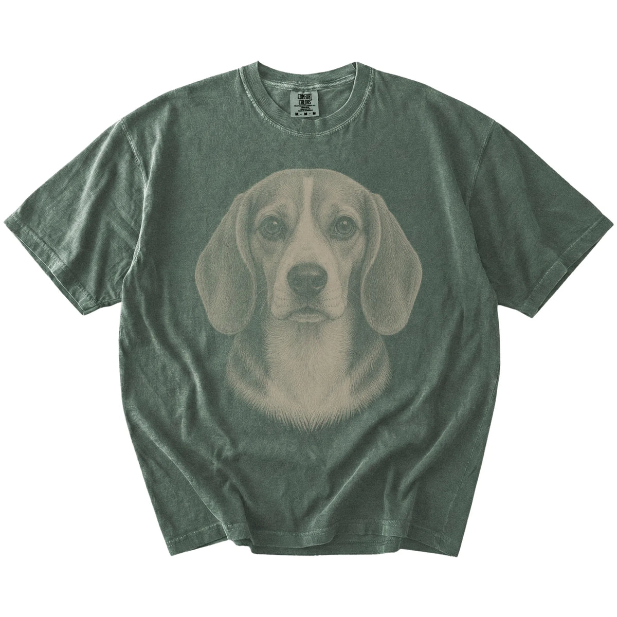 A realistic drawing of a Beagle on a Moss Comfort Colors® T-shirt