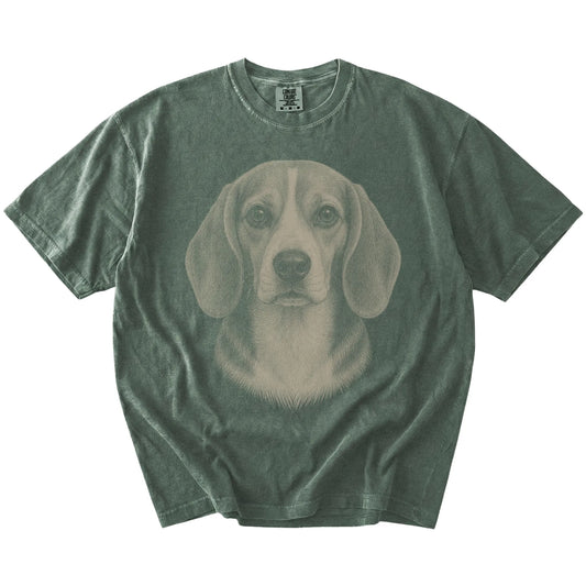 A realistic drawing of a Beagle on a Moss Comfort Colors® T-shirt