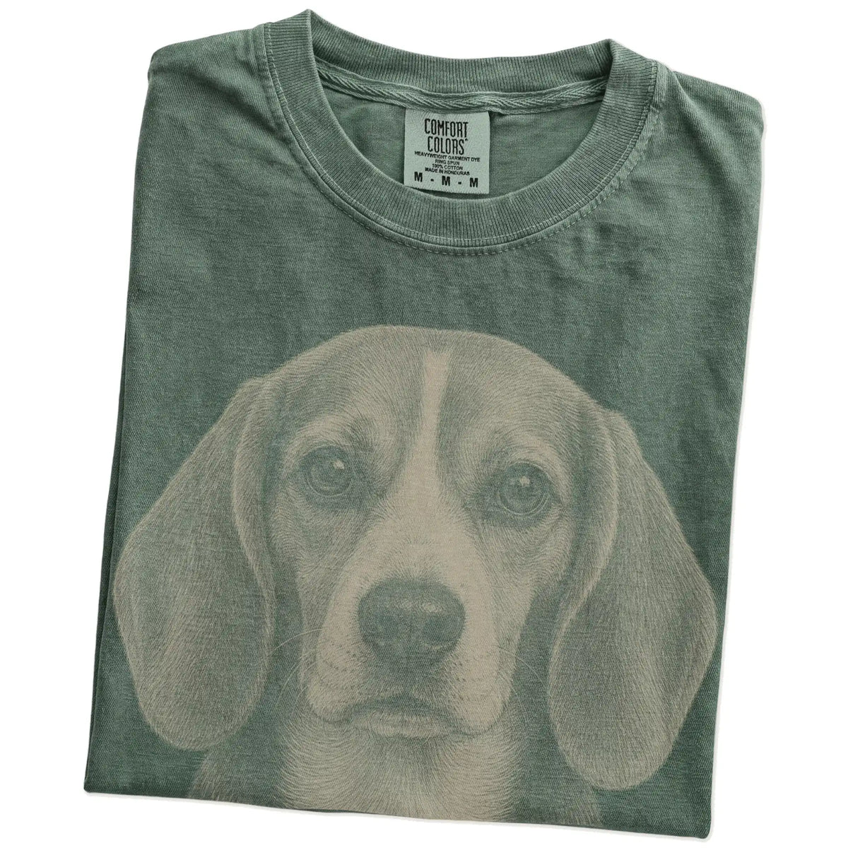 Folded Moss Comfort Colors® T-shirt showing a realistic drawing of a Beagle