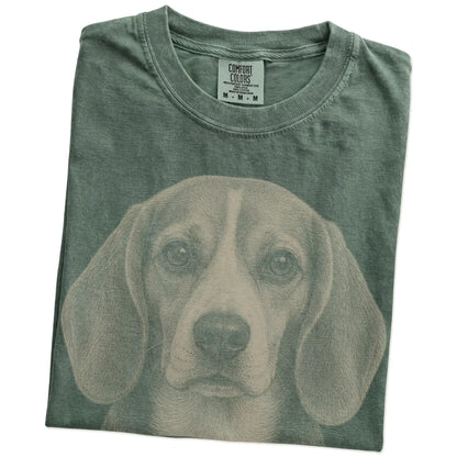 Folded Moss Comfort Colors® T-shirt showing a realistic drawing of a Beagle