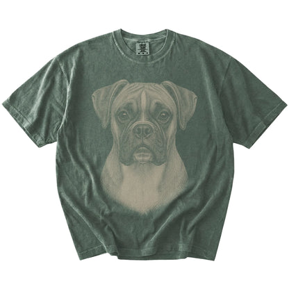 A realistic drawing of a Boxer on a Moss Comfort Colors® T-shirt