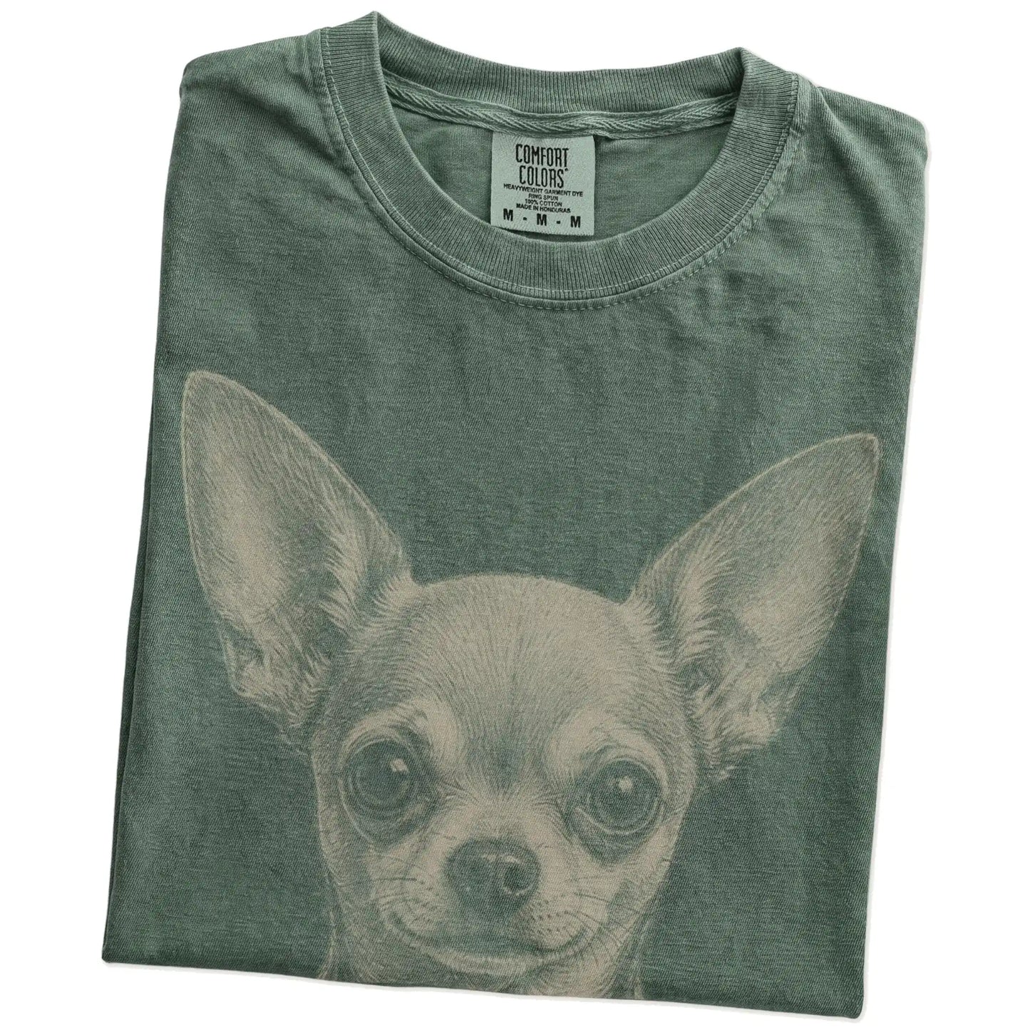 Folded Moss Comfort Colors® T-shirt showing a realistic drawing of a Chihuahua