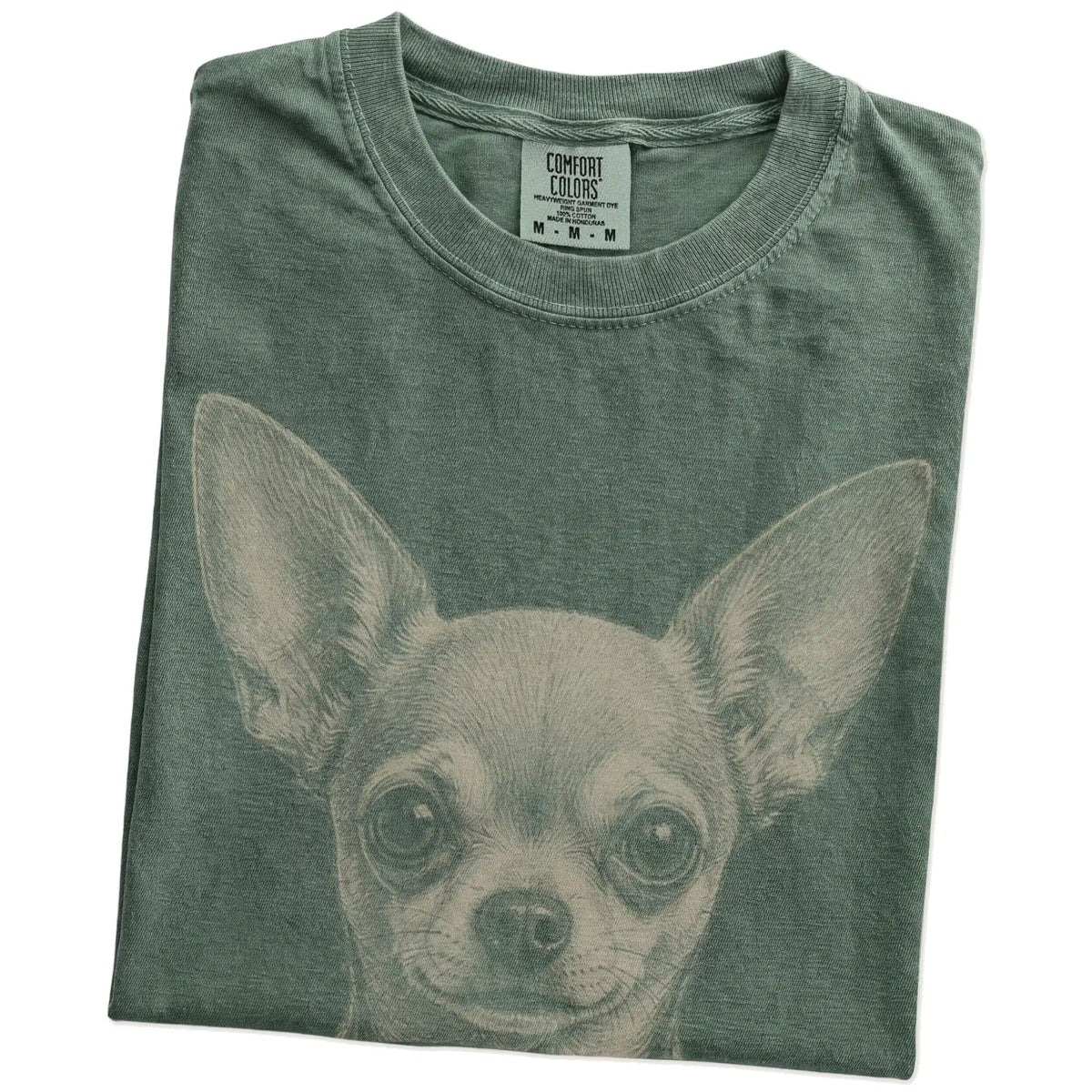 Folded Moss Comfort Colors® T-shirt showing a realistic drawing of a Chihuahua