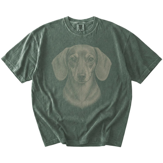 A realistic drawing of a Dachshund on a Moss Comfort Colors® T-shirt