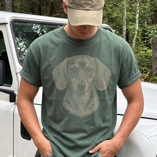 Model wearing a Moss Comfort Colors® T-shirt with a realistic drawing of a Dachshund