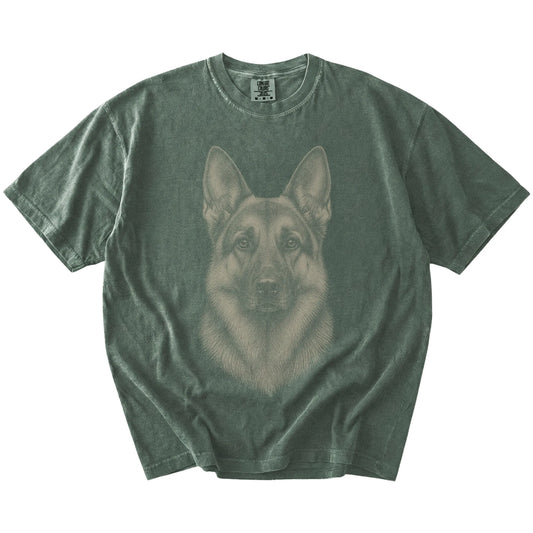 A realistic drawing of a German Shepherd on a Moss Comfort Colors® T-shirt